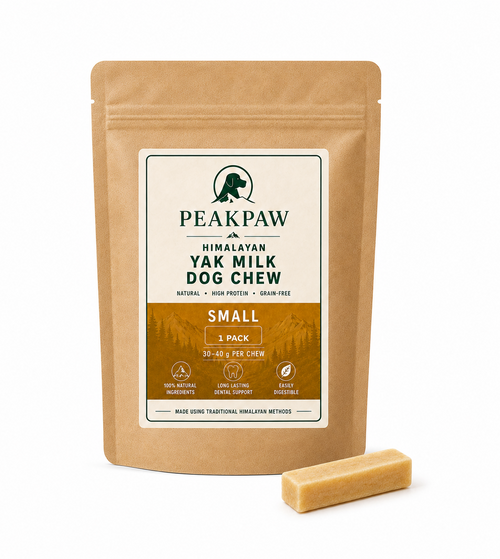 A stand-up kraft paper pouch of PeakPaw Himalayan Yak Milk Dog Chew in Small size, shown on a white background with one chew cube placed in front.

