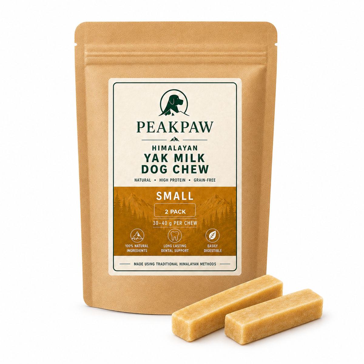 A stand-up kraft paper pouch of PeakPaw Himalayan Yak Milk Dog Chew, labeled Small, with two tan chew bars placed in front on a white background.

