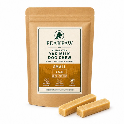 A stand-up kraft paper pouch of PeakPaw Himalayan Yak Milk Dog Chew, labeled Small, with two tan chew bars placed in front on a white background.

