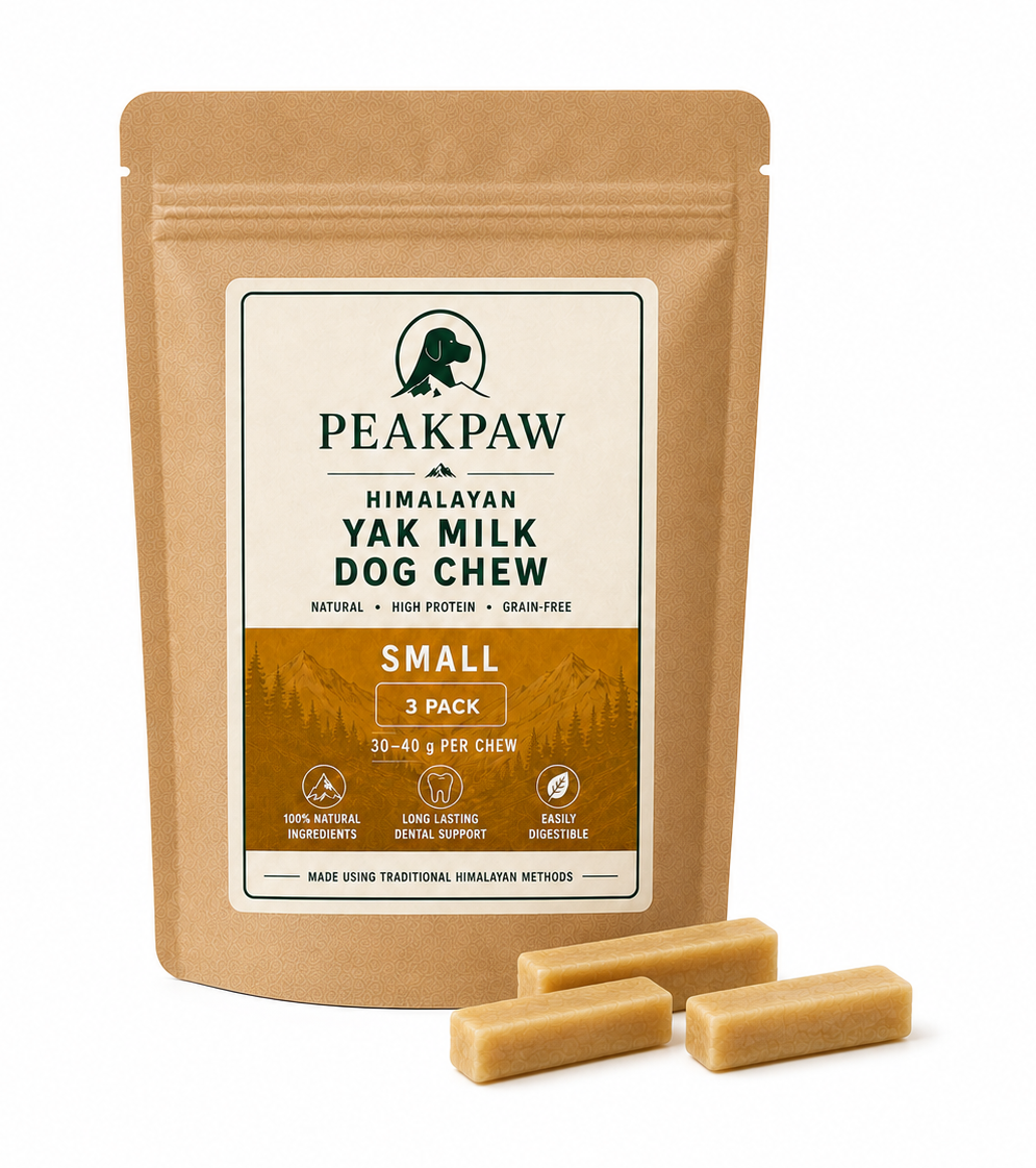 A stand-up kraft paper pouch of PeakPaw Himalayan Yak Milk Dog Chew in Small size, shown with three chew pieces in front on a clean white background.

