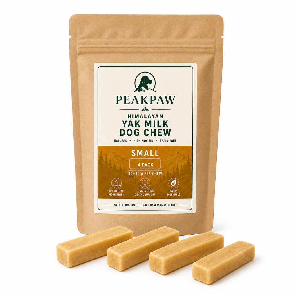 A stand-up pouch of PeakPaw Himalayan Yak Milk Dog Chew treats, with four rectangular chew pieces placed in front on a clean white background.

