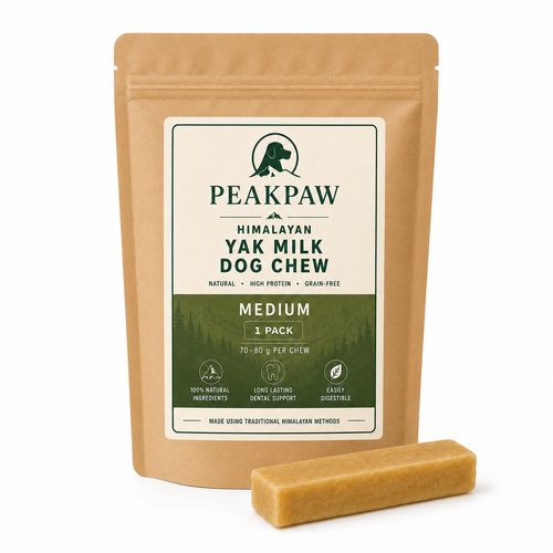 A kraft paper stand-up pouch of PeakPaw Himalayan Yak Milk Dog Chew, shown with one rectangular chew piece in front on a clean white background.

