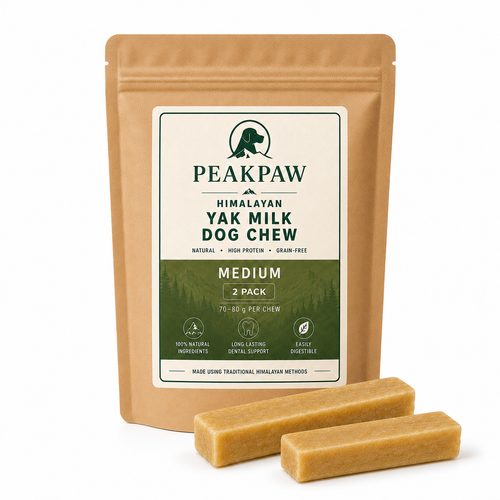 A stand-up kraft pouch of PeakPaw Himalayan Yak Milk Dog Chew in Medium size, shown with two chew bars in front on a clean white background.

