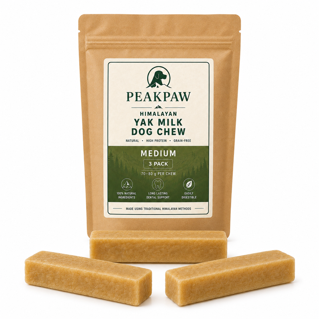 A stand-up pouch of PeakPaw Himalayan Yak Milk Dog Chew in the Medium 3-pack, shown with three rectangular dog chews in front on a clean white background.

