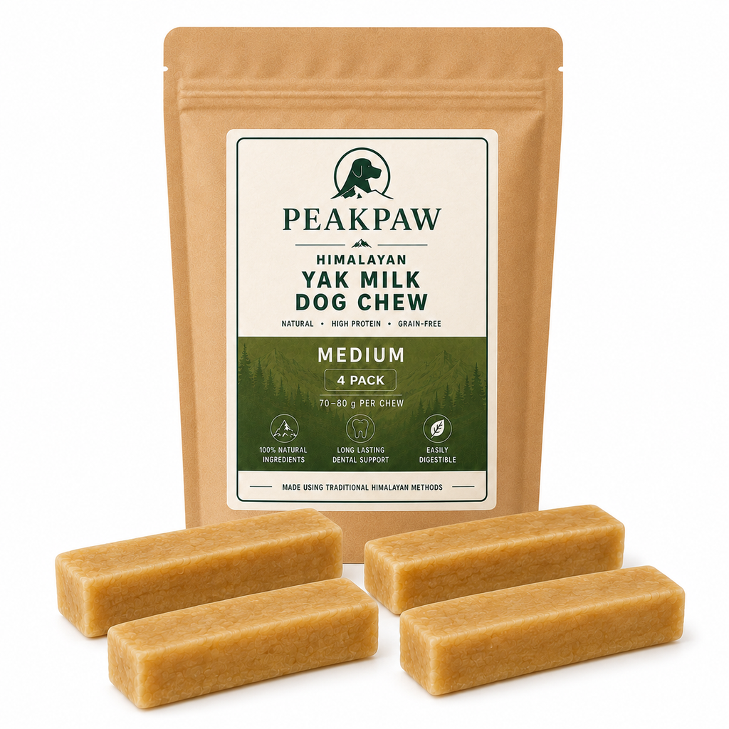 A stand-up pouch of PeakPaw Himalayan Yak Milk Dog Chew in Medium size, shown with four rectangular dog chew bars placed in front on a white background.

